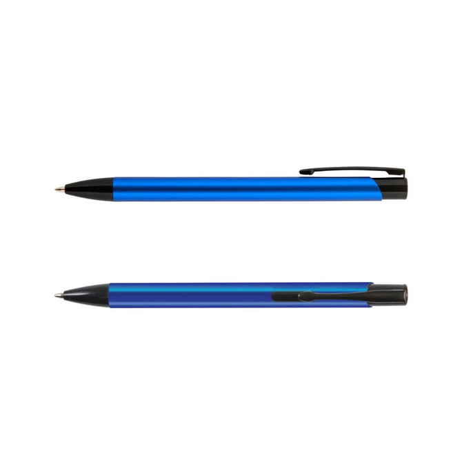 A blue metal pen with a black clip and tip. The design is sleek and modern, featuring a shiny finish.