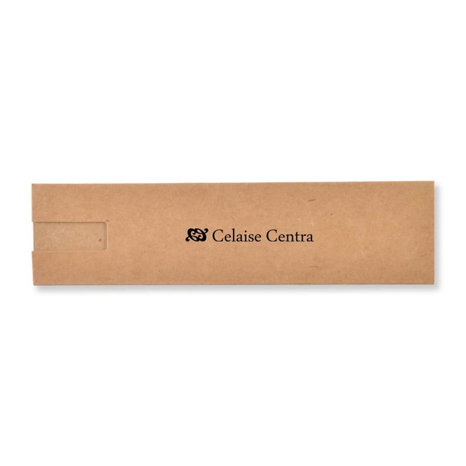 A rectangular brown cardboard packaging with a logo, featuring a window cut-out.