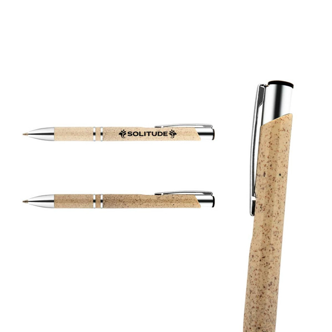A plastic pen with a natural beige body and silver accents, featuring a logo on the side.