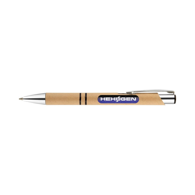 A brown biodegradable pen with a silver trim, featuring a logo on the barrel.