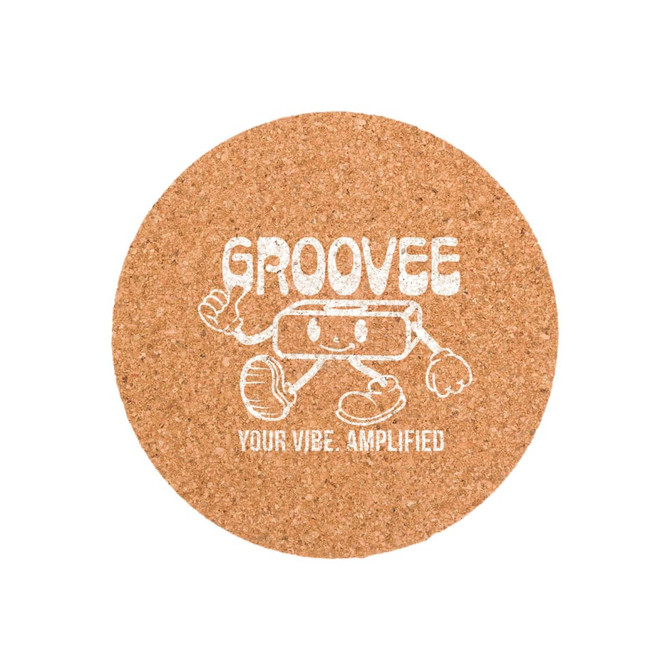 A cork round coaster featuring a playful character design with white graphics on a natural cork background.