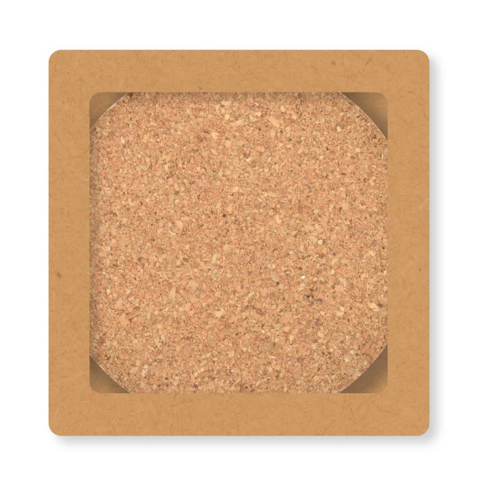A round cork coaster in a square holder, showcasing a natural brown color and textured surface.