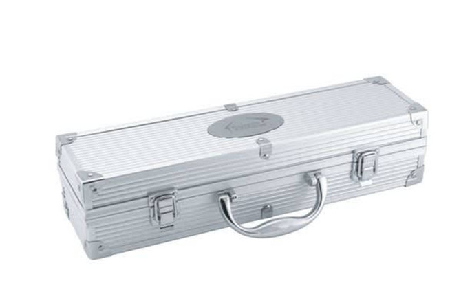 An aluminium BBQ set case with a silver finish and a sturdy handle, featuring a logo on the surface.