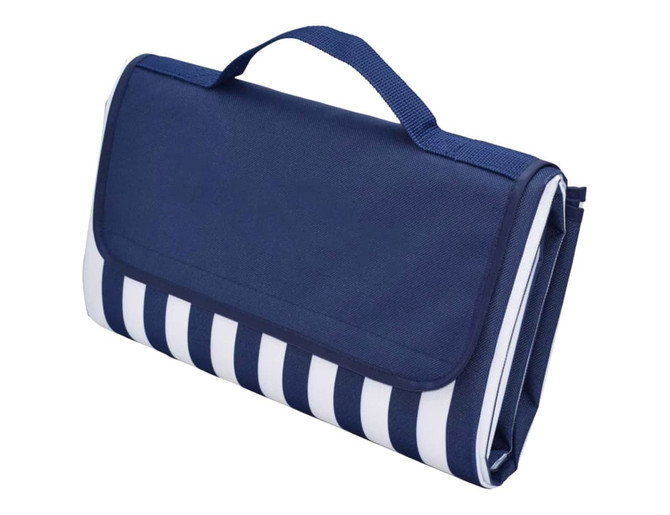 A navy picnic rug with white stripes, featuring a convenient carrying handle and a folded design.