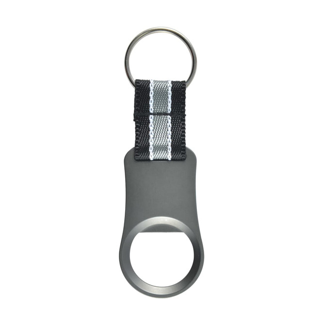 A drink bottle opener in matte grey with a black and white striped strap and a keyring attachment.