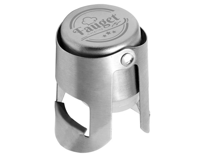 A stainless steel bottle stopper with a logo, featuring a sleek design for sealing drink bottles.