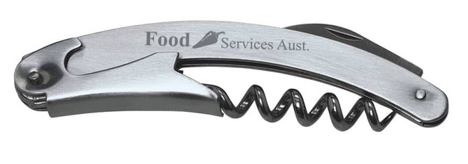 A drink bottle opener and corkscrew in silver metal with an integrated knife, featuring a branding logo.
