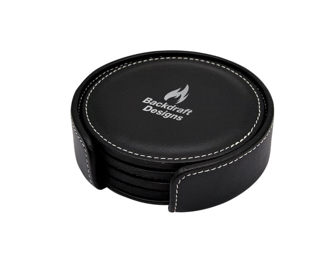 A round black coaster set with a matching holder, featuring a logo on the top coaster.