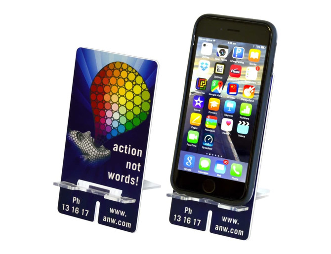 A smartphone stand in blue and white, featuring a colourful design with a logo and a smartphone displayed.