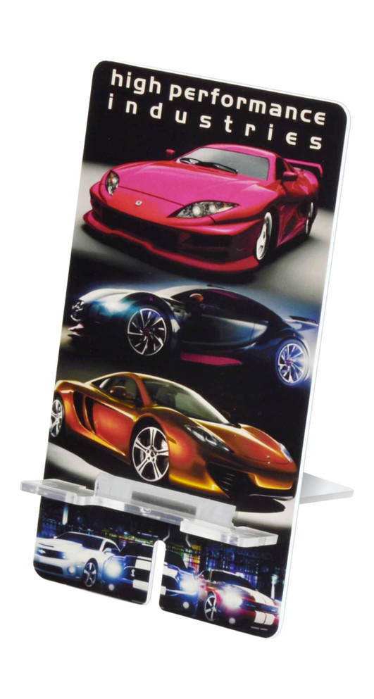 A phone stand featuring a colourful design with various sports cars and a logo displayed on a white background.