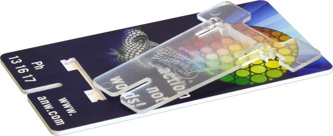 A transparent phone stand on a colourful backing card, featuring a logo.