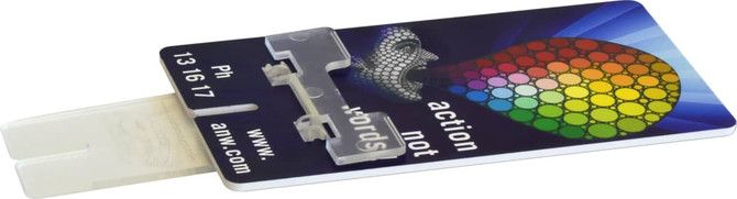 A multicoloured phone stand shaped like a credit card, featuring a logo and a sleek design.