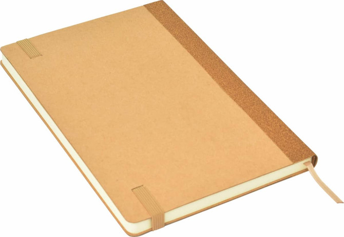A brown A5 notebook with a textured spine and elastic closure, featuring a simple design and a logo.