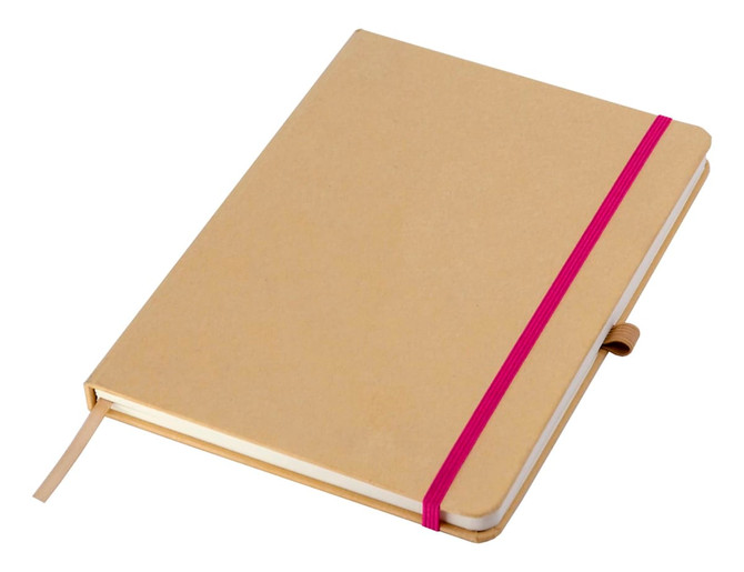 A beige A5 notebook with a magenta elastic band and a ribbon marker, featuring a simple design.