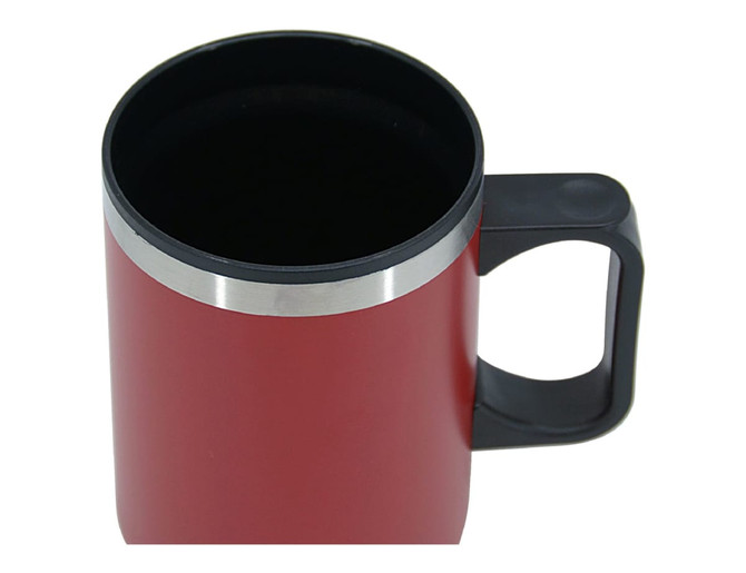 A travel mug in a vibrant red colour with a black interior and a sturdy handle. It features a silver accent band.