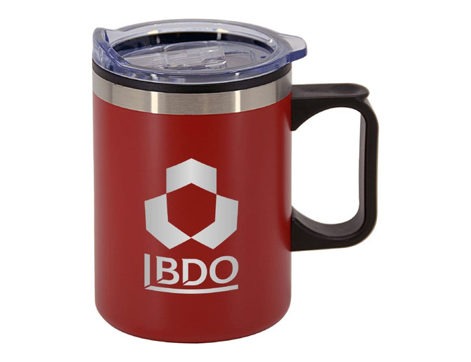 A travel mug featuring a red body, transparent lid, and a black handle, branded with a logo.