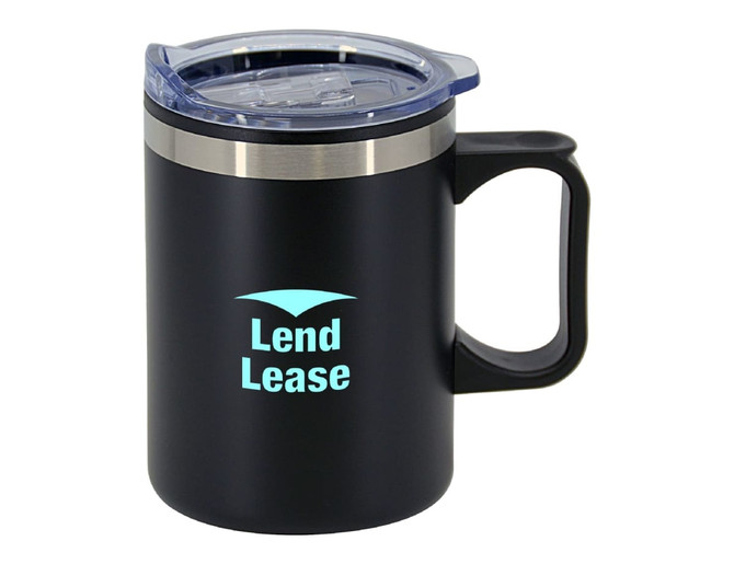A black double wall travel mug with a silver band, featuring a transparent lid and a logo.