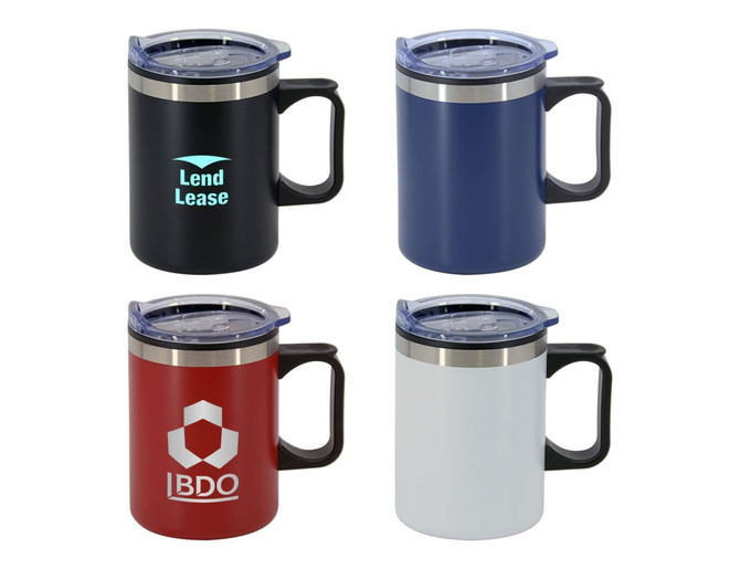 A double wall travel mug in black, navy, red, and white, each with a handle and a lid. Some feature logos.