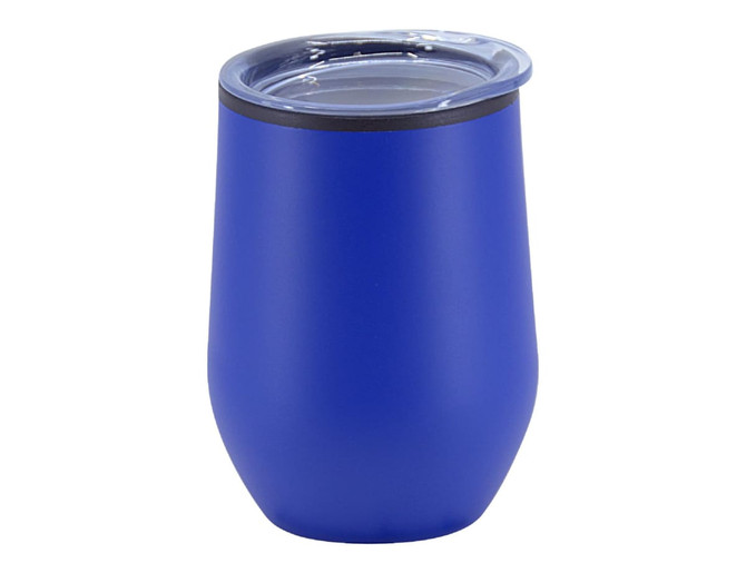A double wall travel mug in vibrant blue, featuring a clear lid and a sleek design. It has a logo.