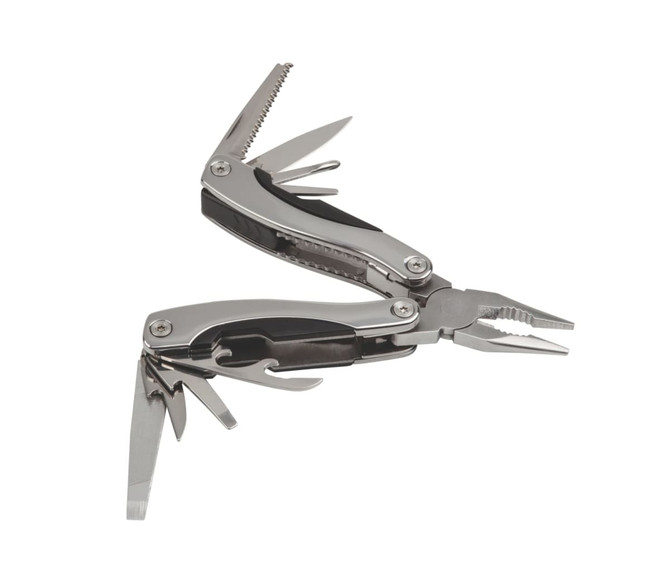 A stainless steel multi tool with pliers, saw, and various other tools, featuring a sleek design and a logo.