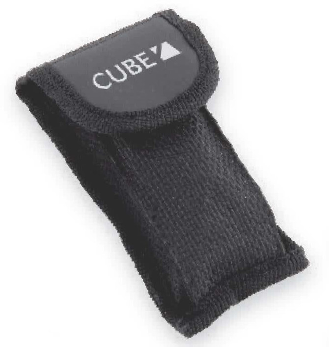 A black tool pouch with a Velcro closure featuring a logo on the front.