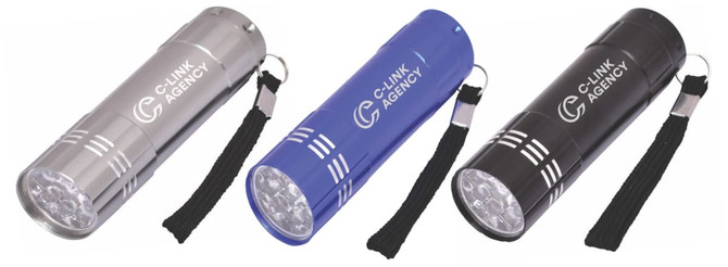 Three mini torches in silver, blue, and black with keychain attachments and a branding logo.