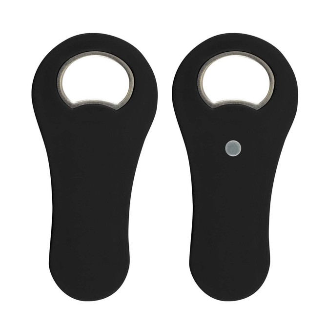 A drink bottle opener in a sleek black design, featuring a rounded handle and a metal bottle cap opener.
