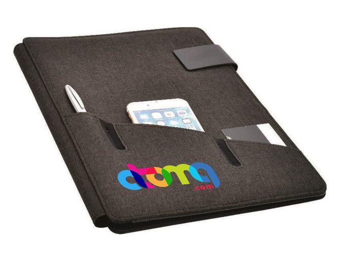 A black hands-free A4 portfolio featuring pockets for a pen, phone, and card. It has a logo on the front.