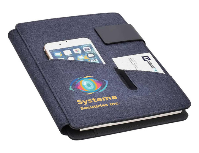 A navy hands-free A5 portfolio featuring a phone holder and a pocket for business cards, with a logo on the front.