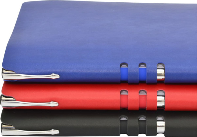 Three A5 notebooks displayed in blue, red, and black, featuring silver accents and a sleek design.