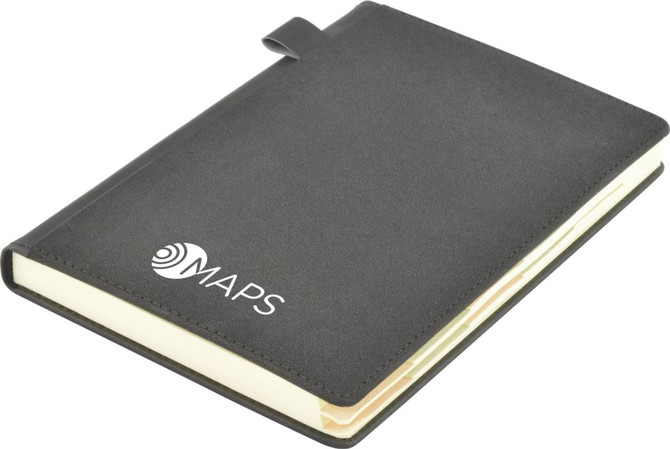 A grey A5 notebook with a textured cover and a logo on the front, featuring a ribbon bookmark.