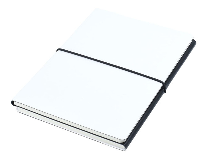 A black and white A5 notebook with an elastic band closure, featuring a sleek, minimalist design.