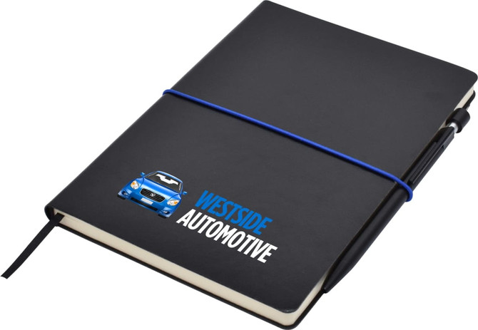 A black A5 notepad with an elastic band and pen, featuring a logo on the cover.