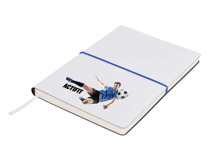 A white A5 notepad featuring an illustration of a soccer player and a blue elastic band closure.