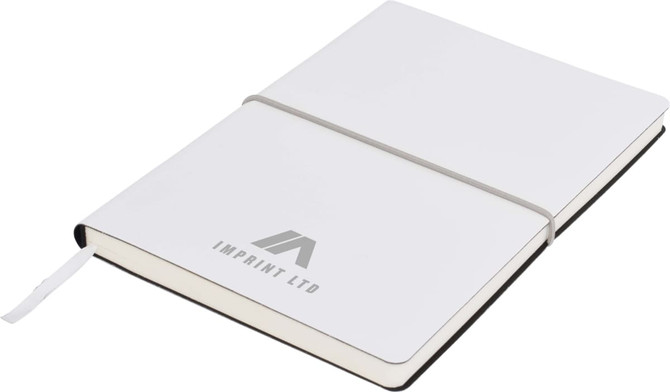A white A5 notepad with a grey elastic band and a logo on the cover, featuring a black spine and pages.