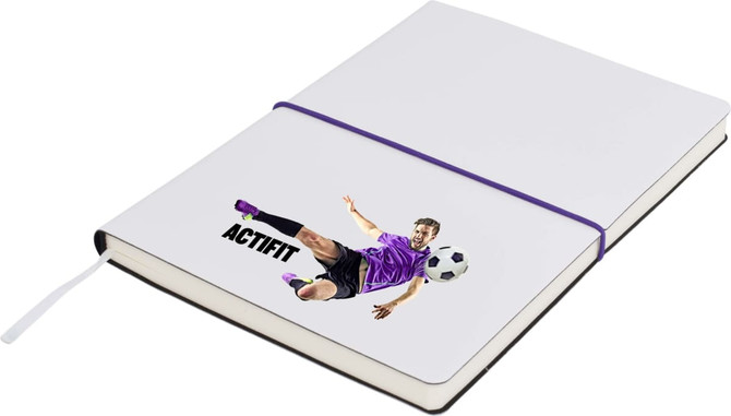 A purple-bound notepad featuring an illustration of a soccer player and a logo on the cover.
