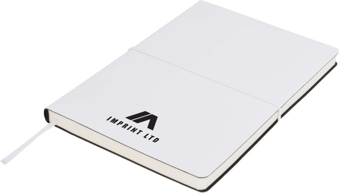A white A5 notepad with a black elastic band and a logo on the cover, featuring plain pages inside.