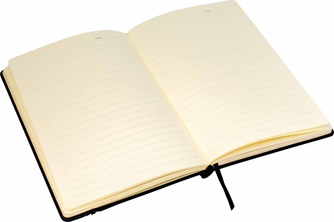 An A5 notebook with black and dark grey trim, featuring cream-coloured lined pages and a ribbon marker.