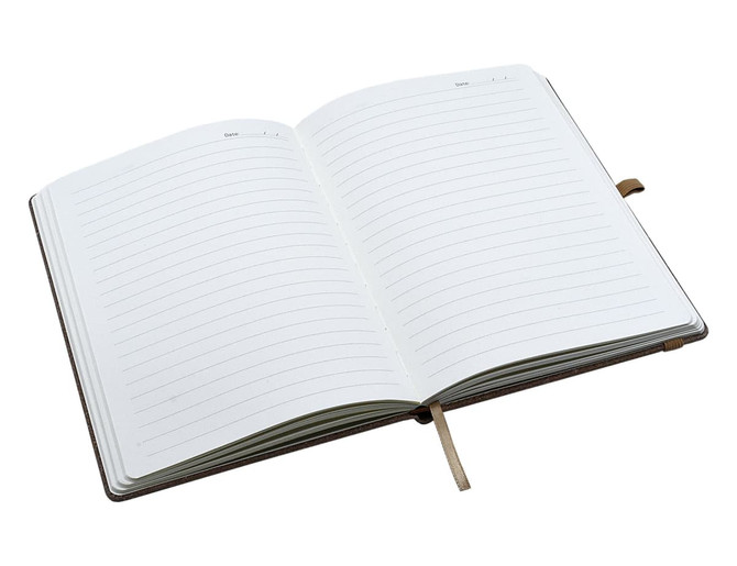 A brown bonded leather A5 notebook, open to reveal lined pages and a ribbon bookmark.