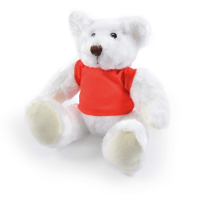 A plush teddy bear with white fur and a red shirt, featuring soft paws and a friendly expression.