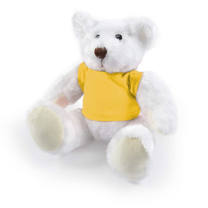 A Frosty Plush Teddy Bear featuring a soft white exterior and wearing a yellow shirt, designed as a fun and cuddly toy.