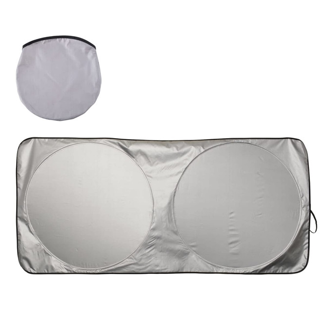 A silver summer car sun shade with two circular sections, folded into a round shape for storage. It has a logo.