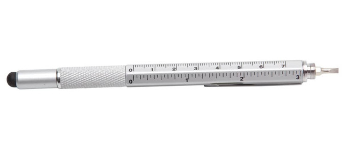 A silver DIY stylus pen with a textured grip and a ruler printed along its side.