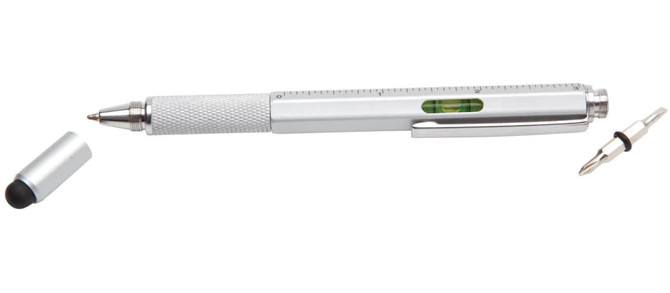 A silver DIY stylus pen featuring a level, ruler, and a removable cap. The pen has a textured grip for easy handling.