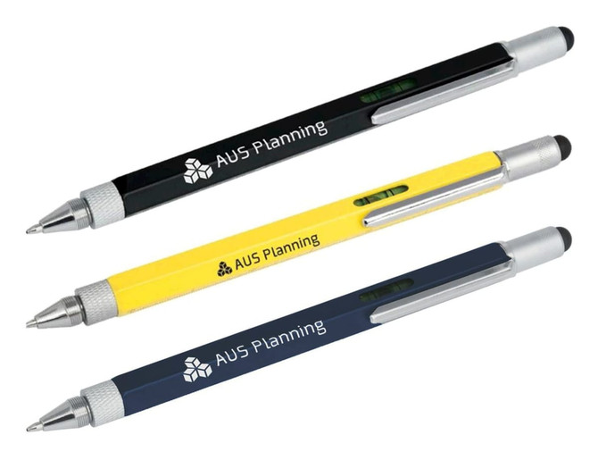 A set of three stylus pens in black, yellow, and navy blue, each with a branding logo.
