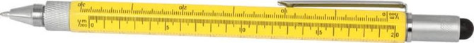 A stylus pen in bright yellow with a silver clip, featuring measurement markings along its body and a black tip.