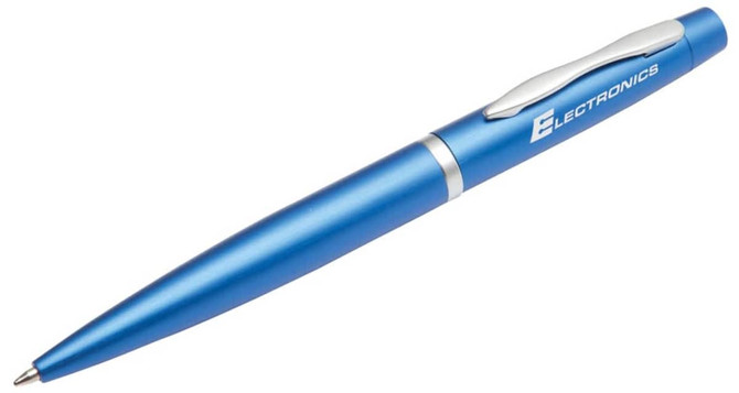 A blue metal pen with a sleek design, featuring a silver clip and a logo on its body.