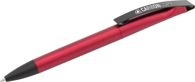 A shiny red plastic pen with a black clip and a branding logo on the side.