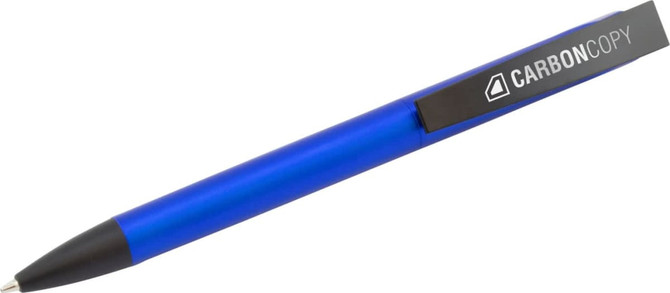 A blue plastic pen with a black clip and branding on the side.