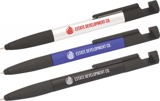 A 6-in-1 multi pen set featuring a silver, blue, and black pen, each with a logo on the barrel.